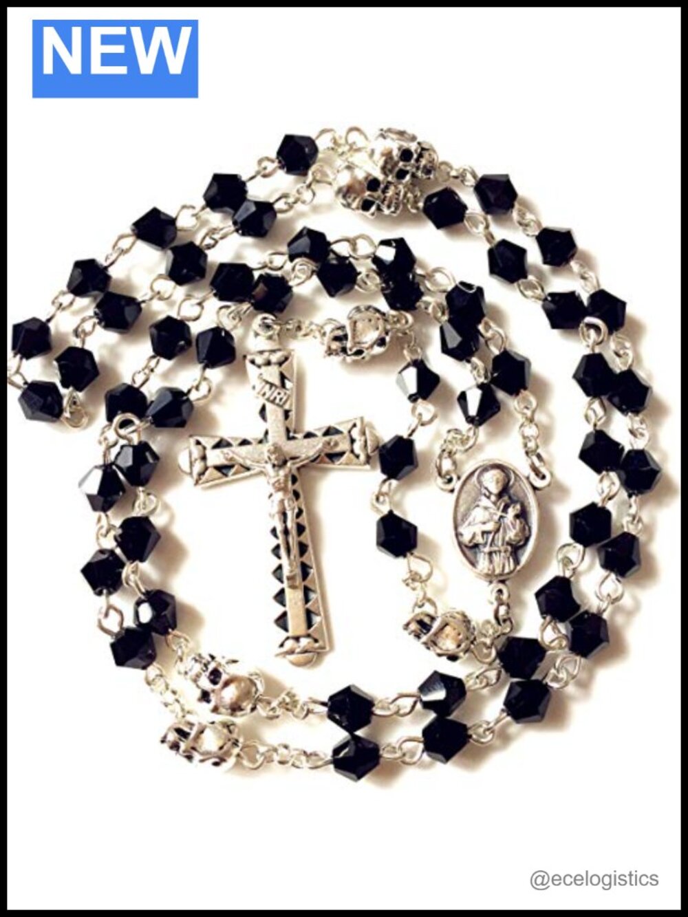 Handmade Silver Skull Bead Black Crystal 5 Decade Rosary Cross Catholic Necklace
